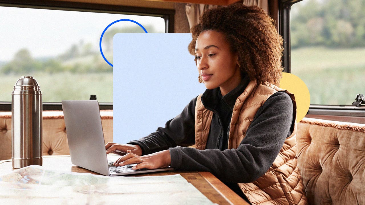 design element of a young woman on her laptop typing