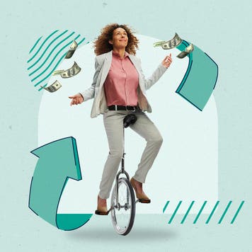 A woman riding a unicycle while balancing money