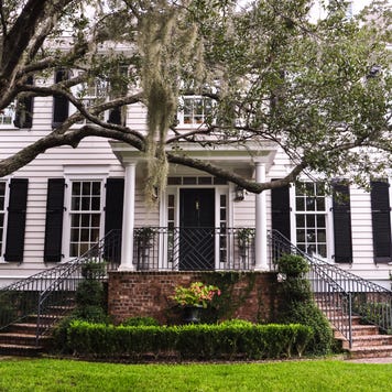 white southern mansion with chokeweed laden tree