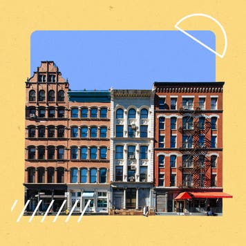 Illustrated collage featuring townhomes