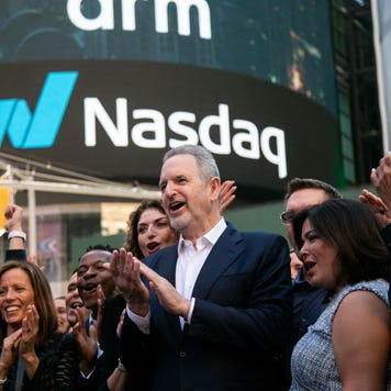 Rene Haas, chief executive officer of Arm Ltd., center, during the company's IPO at the Nasdaq MarketSite in New York, US, on Thursday, Sept. 14, 2023