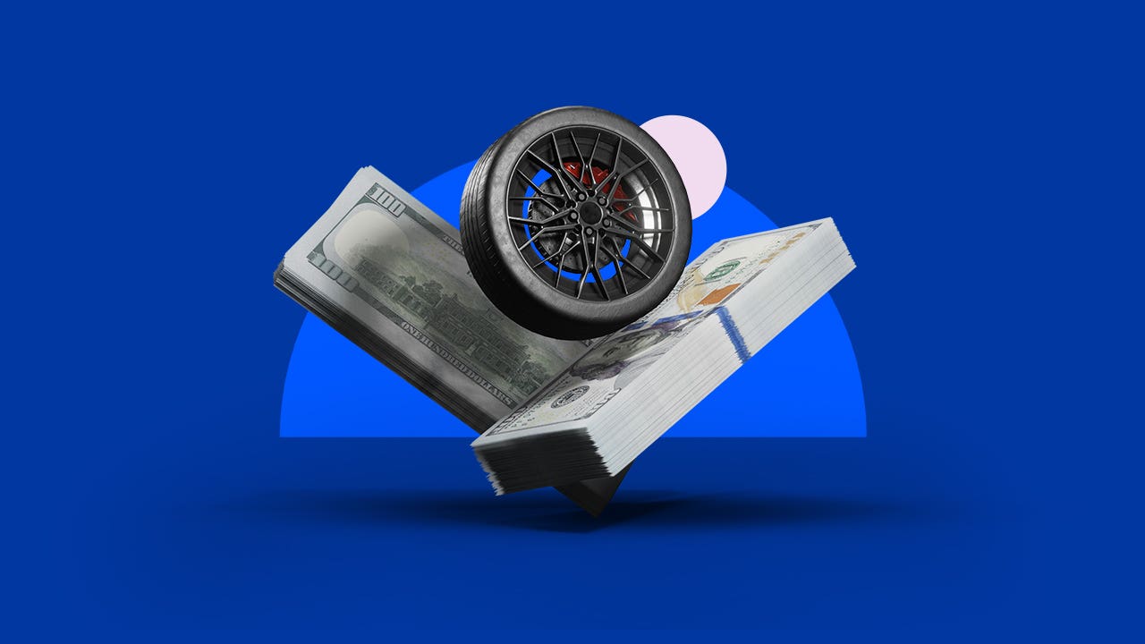 Illustrated collage featuring money and a car wheel