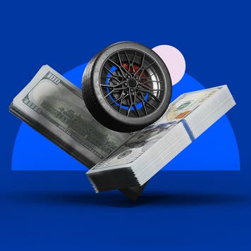 Illustrated collage featuring money and a car wheel