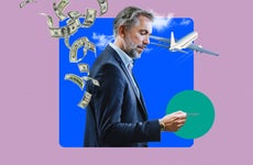 design element a violet background with a foreground of an older male in a suit holding a card in his hand with an airplane in the upper right corner and money descending behind him