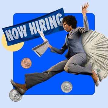 Woman jumping in the air with cash spread out behind her like wings. A now hiring sign hangs in the background.