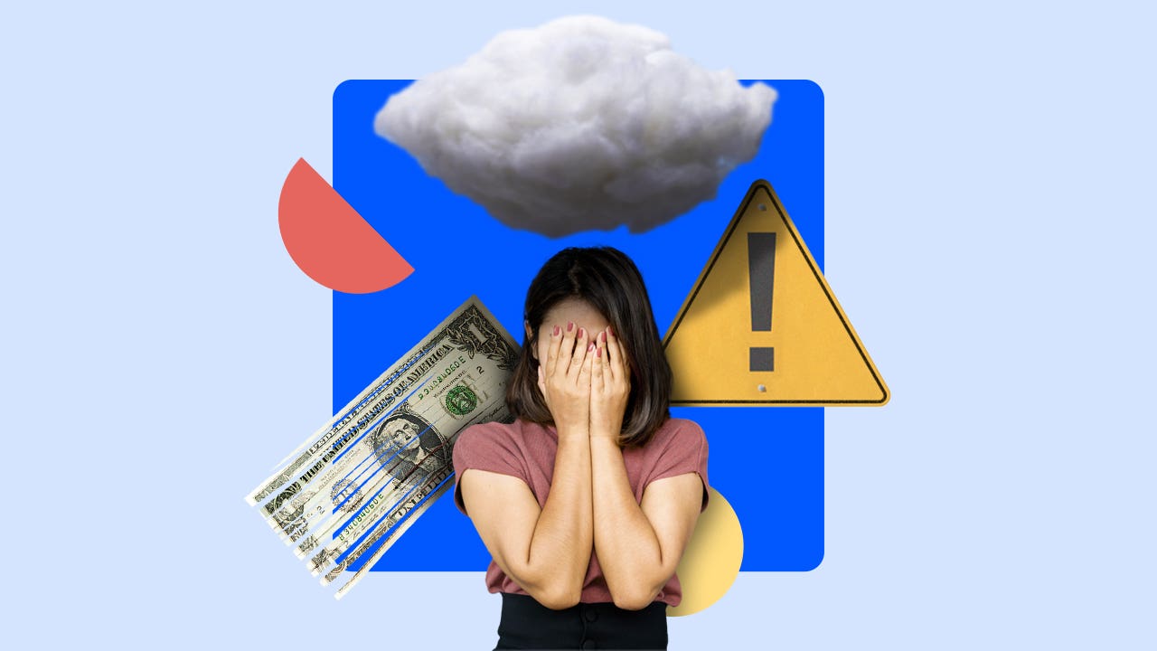 Woman covering face with hands. Clouds, caution sign, and cash float cartoonishly behind her