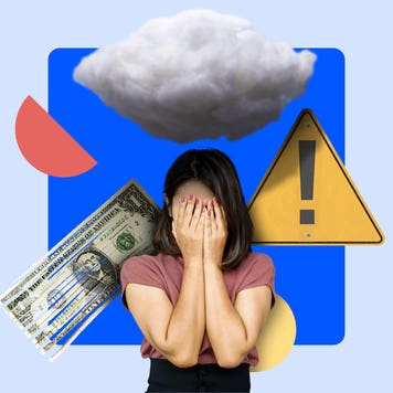 Woman covering face with hands. Clouds, caution sign, and cash float cartoonishly behind her