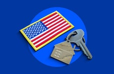 Illustrated collage featuring a set of keys and an American flag