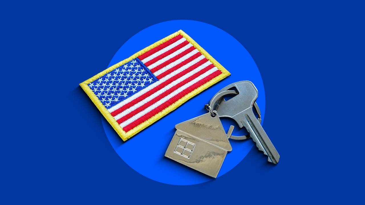 Illustrated collage featuring a set of keys and an American flag