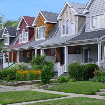 Residential street with small semi-detached houses