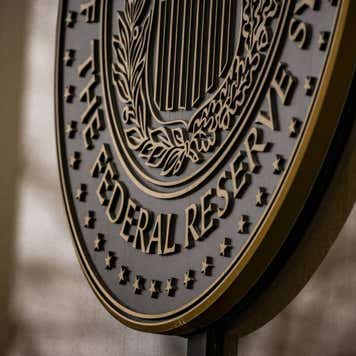 The seal of the US Federal Reserve Board of Governors at the William McChesney Martin Jr. Federal Reserve building in Washington, DC