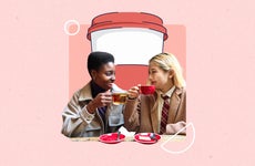 Illustrated collage featuring two people drinking coffee together