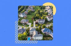Illustrated collage featuring an aerial view of suburban homes