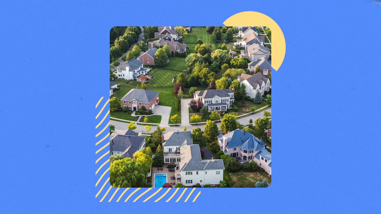 Illustrated collage featuring an aerial view of suburban homes