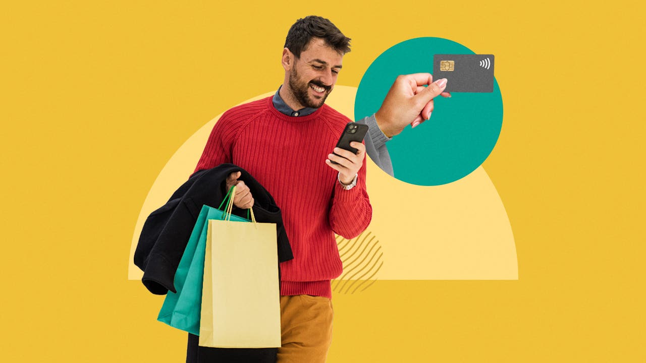 design element a yellow background with a man holding shopping bags and a phone in his hand, in the background there is a hand holding a credit card