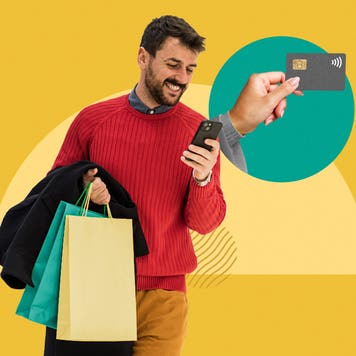 design element a yellow background with a man holding shopping bags and a phone in his hand, in the background there is a hand holding a credit card