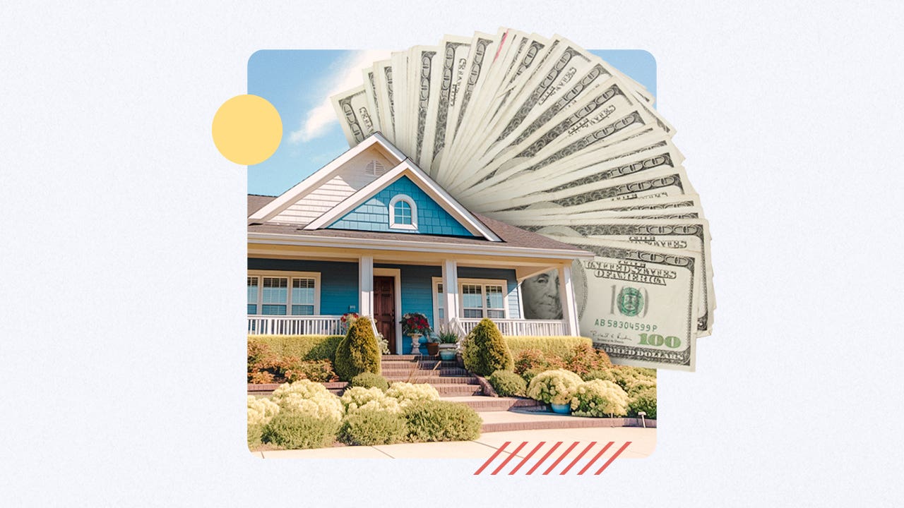 Illustrated collage featuring fanned out money behind a house
