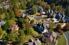 Panoramic aerial view of upscale neighborhood in the suburb