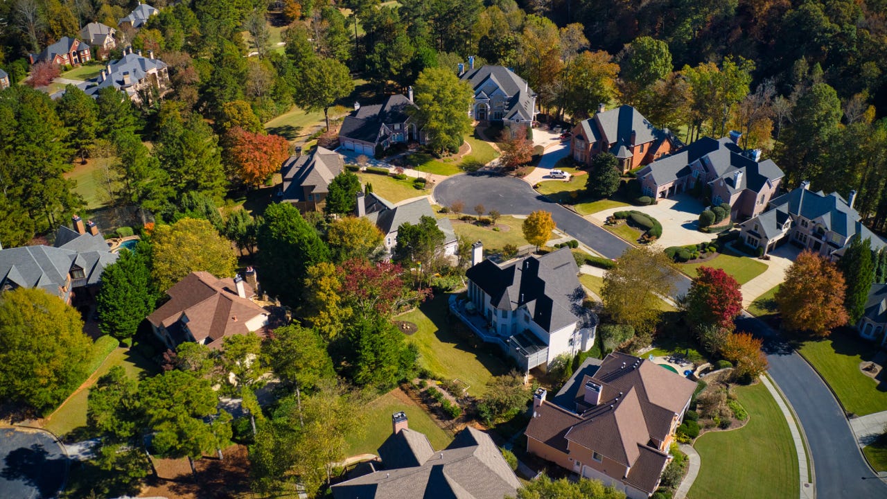 Panoramic aerial view of upscale neighborhood in the suburb