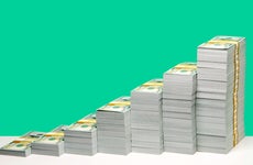 Ascending stacks of cash against a green background