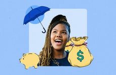 Illustrated collage featuring a woman, a piggybank and bags of money