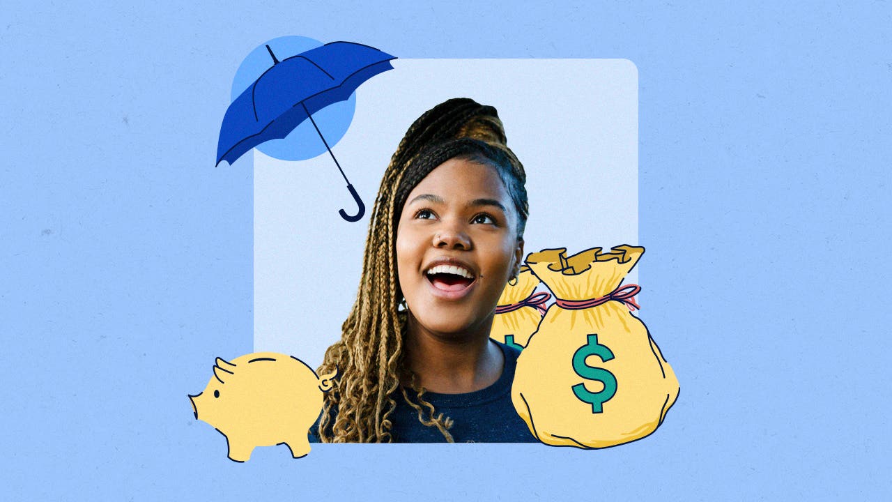 Illustrated collage featuring a woman, a piggybank and bags of money