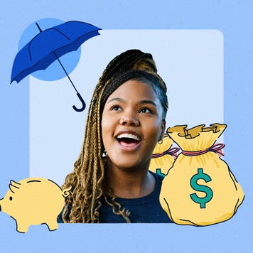 Illustrated collage featuring a woman, a piggybank and bags of money