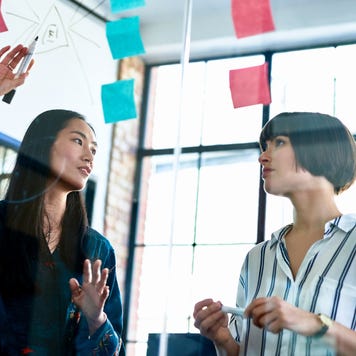 Businesswoman explaining diagram to coworker