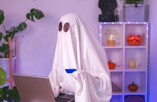 Ghost of Halloween uses a laptop to surf the Internet