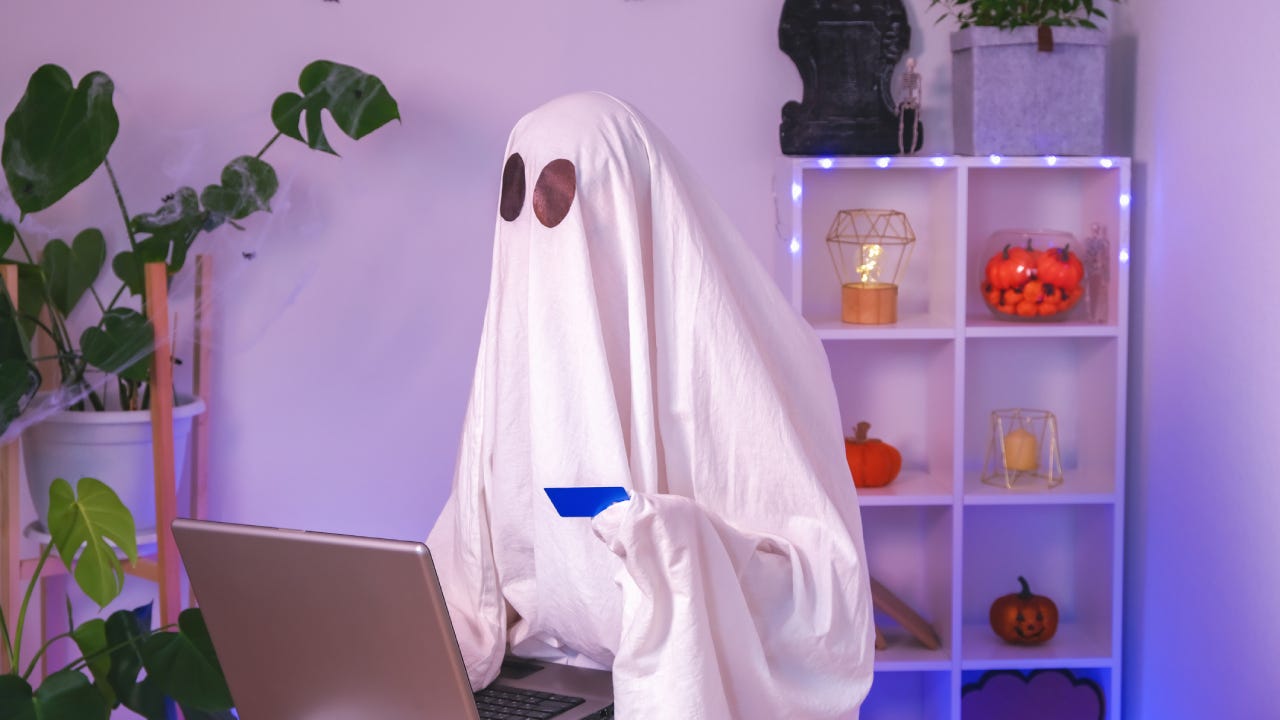 Ghost of Halloween uses a laptop to surf the Internet