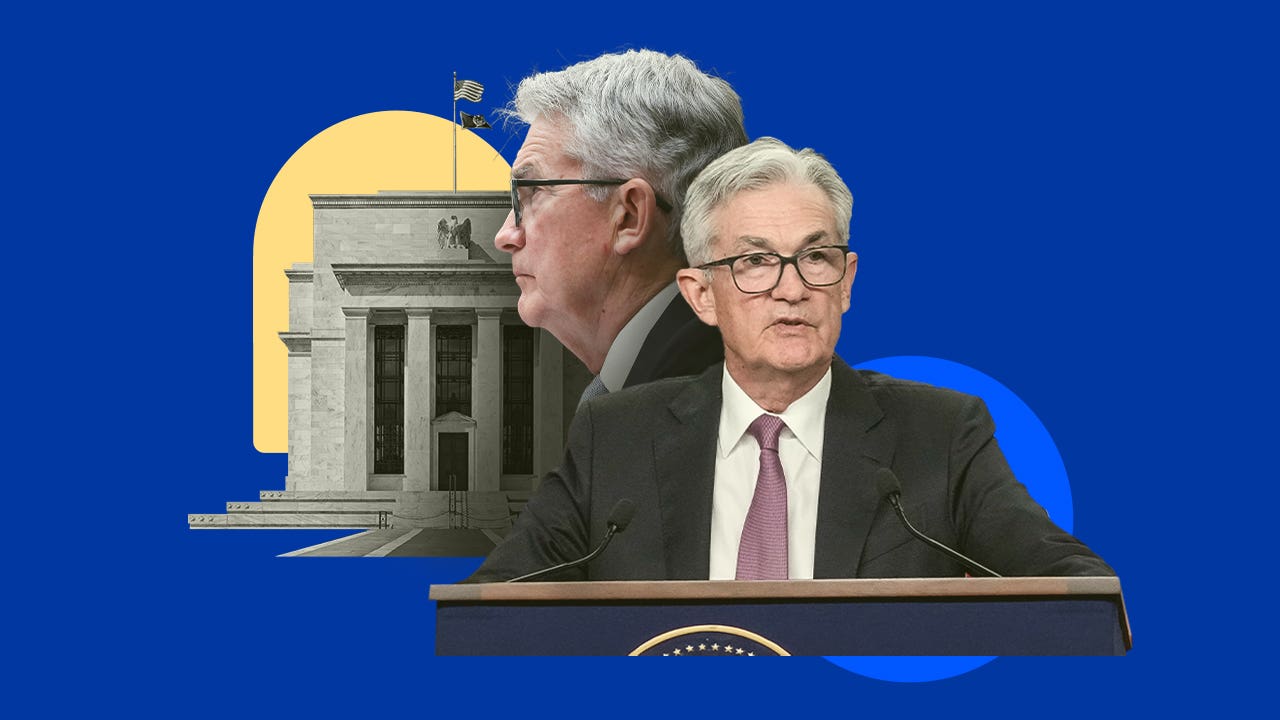 Illustration of Chair Jerome Powell in front of the podium at a post-meeting press conference