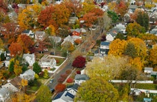 Aerial shot of a residential neighborhood in Stamford, Connecticut on a sunny day in Fall, looking down on houses and vibrant autumn leaf color on the trees.