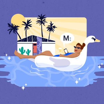 Illustration of a woman relaxing in a pool on an inflatable goose