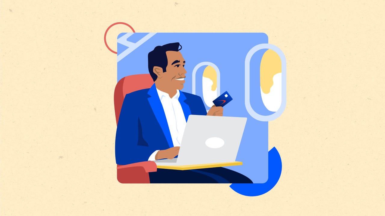 Illustrated graphic of a man using a credit card while on his laptop