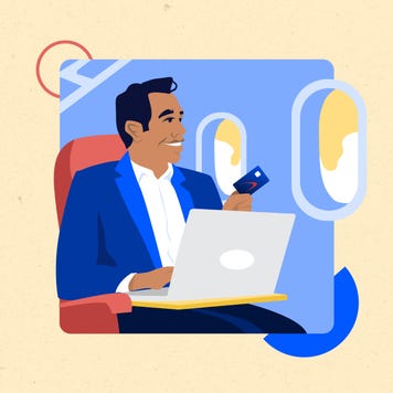 Illustrated graphic of a man using a credit card while on his laptop