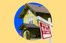 photo illustration of home for sale, yellow house red for sale sign