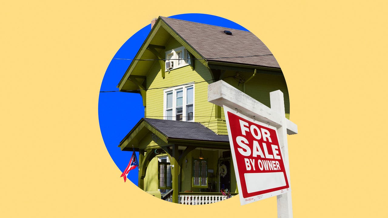 photo illustration of home for sale, yellow house red for sale sign