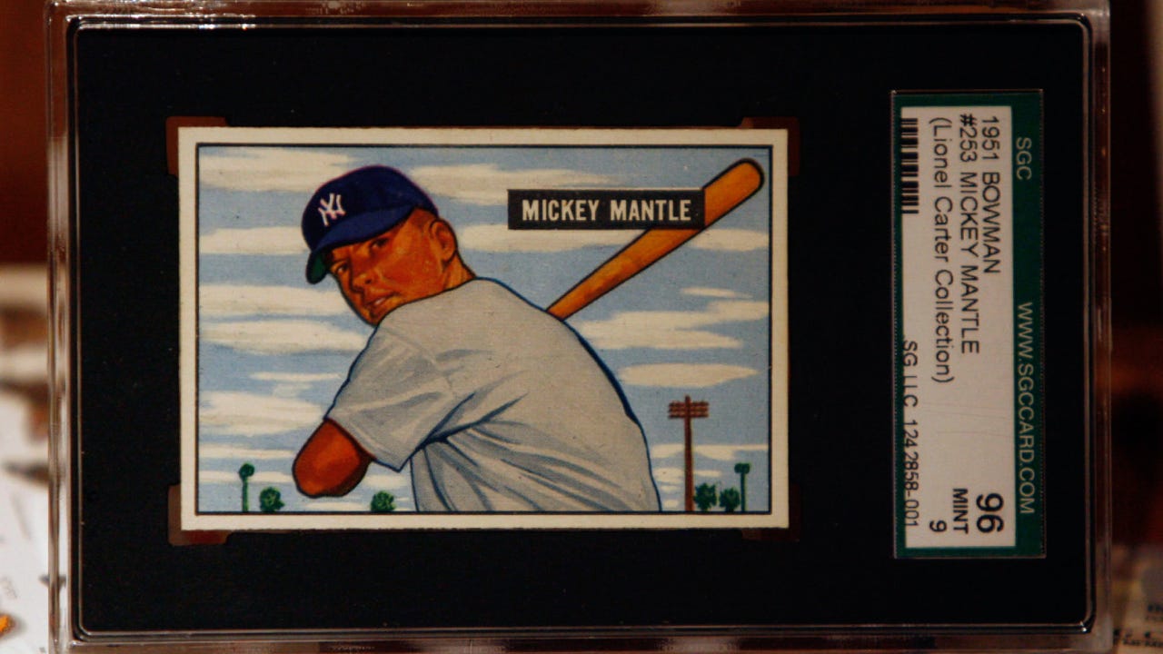 Mickey Mantle baseball card from private collection is displayed