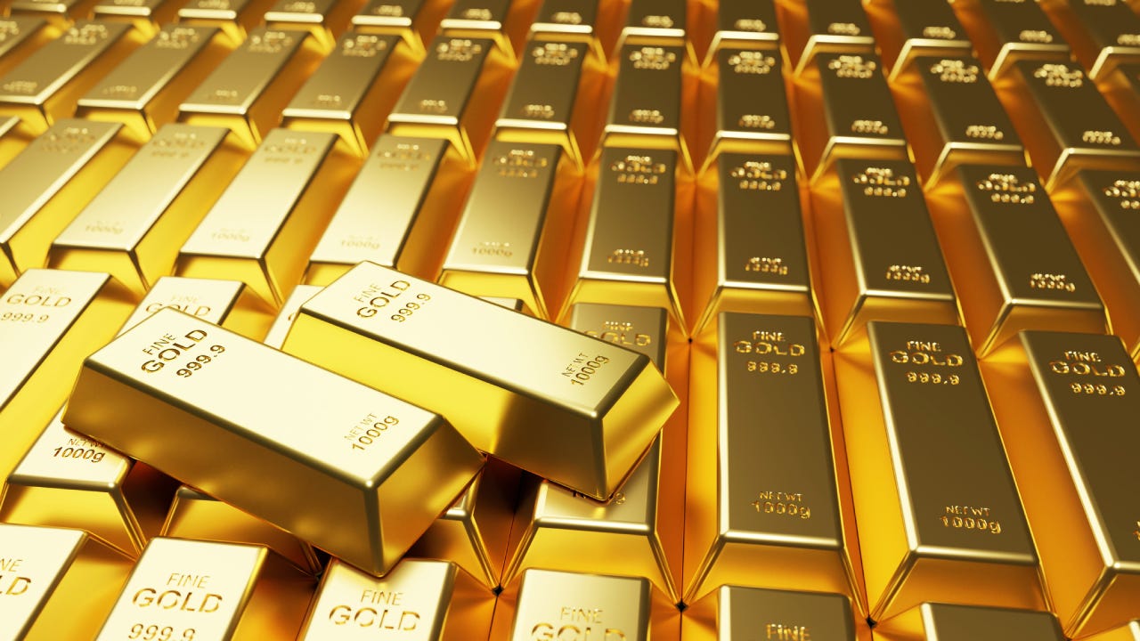 3D render of vast collection of uniform gold bars