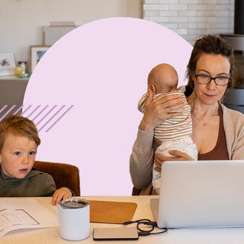 A mom tending to children while also working on a laptop