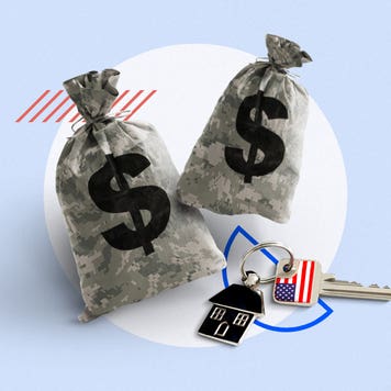 Illustrated collage featuring two bags of money and a set of keys