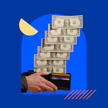 A large stack of cash gliding out of a wallet, surreal