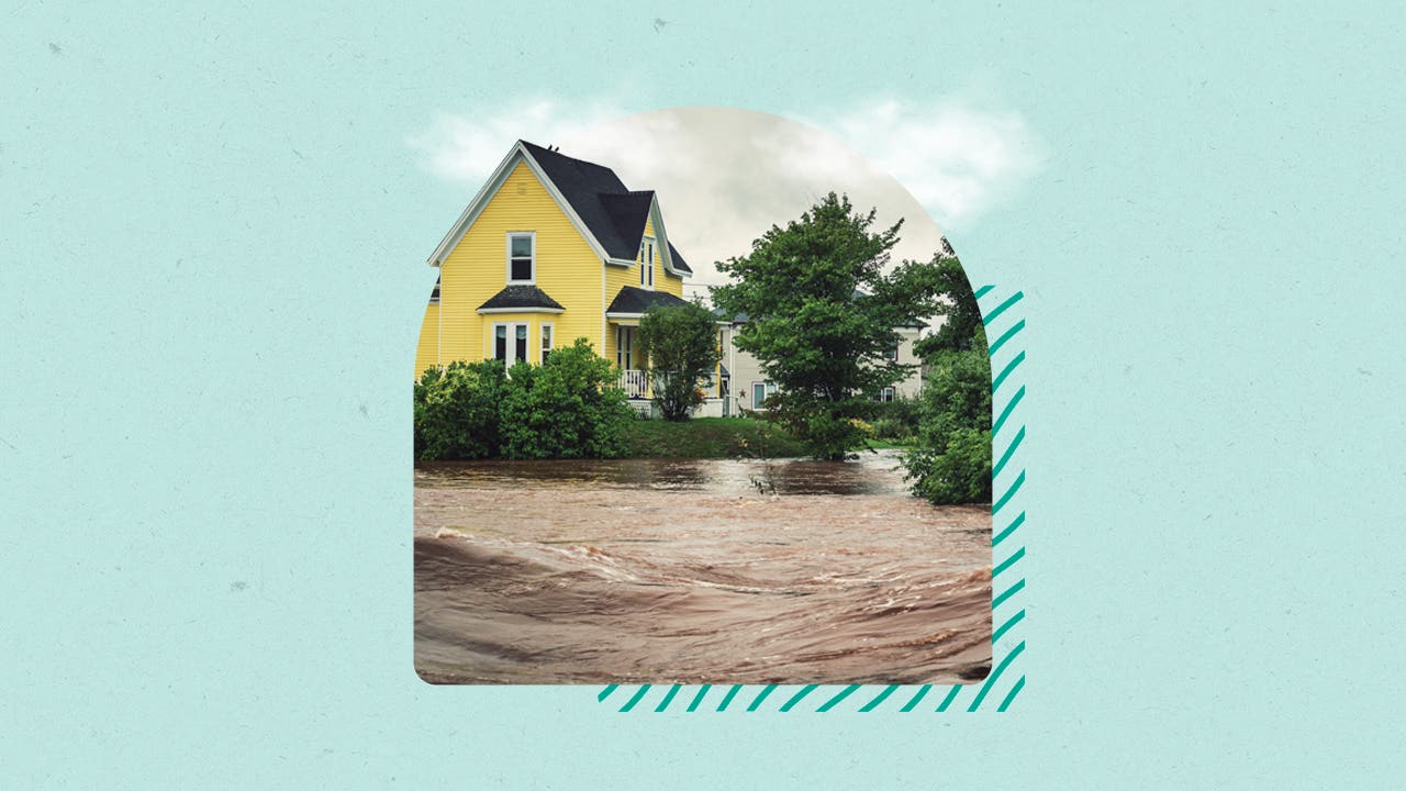 yellow house with flooded street, photo illustration