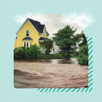 yellow house with flooded street, photo illustration