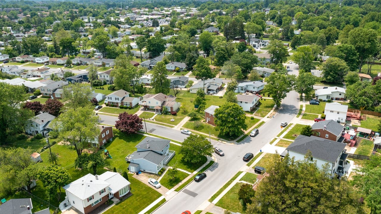 aerial view of suburban homes in pikesville maryland