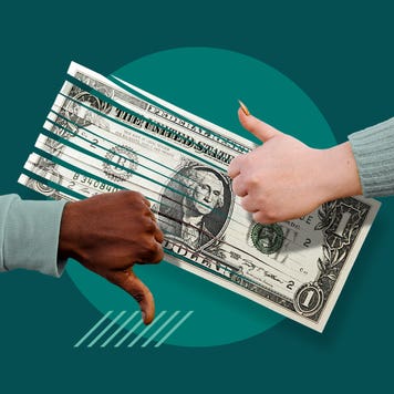 Two hands from two different people. One with thumbs up, one with thumbs down. A partially shredded dollar bill hangs in the background