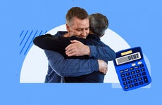 Two men hugging. A calculator that has "DEBT" printed on it.