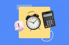 A piggybank, analog alarm clock, and calculator displayed against a colorful illustrated background