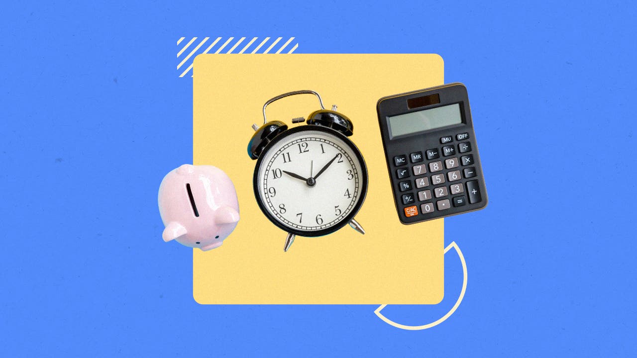 A piggybank, analog alarm clock, and calculator displayed against a colorful illustrated background