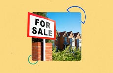 row of homes with for sale sign, photo illustration